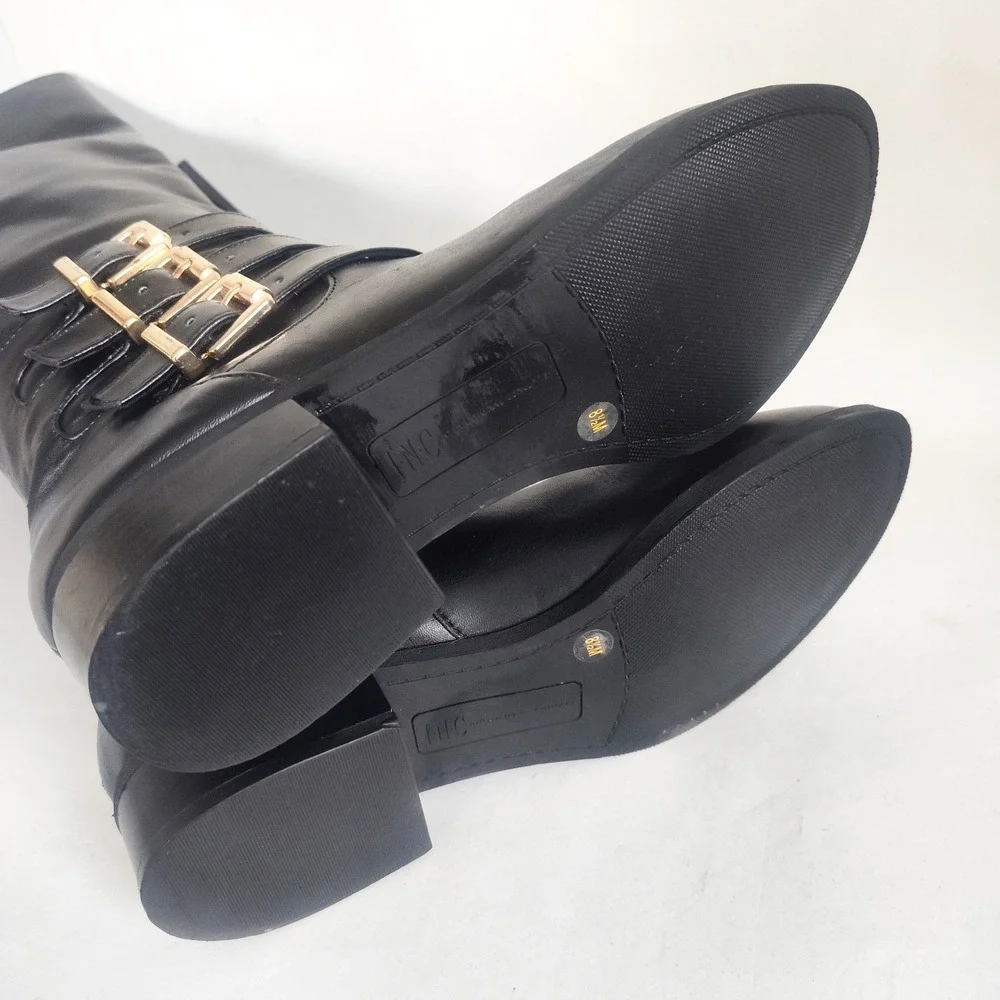 Inc Knee High Riding Boots Size‎ 8.5 Francy Black Wide Calf Leather Gold Buckles